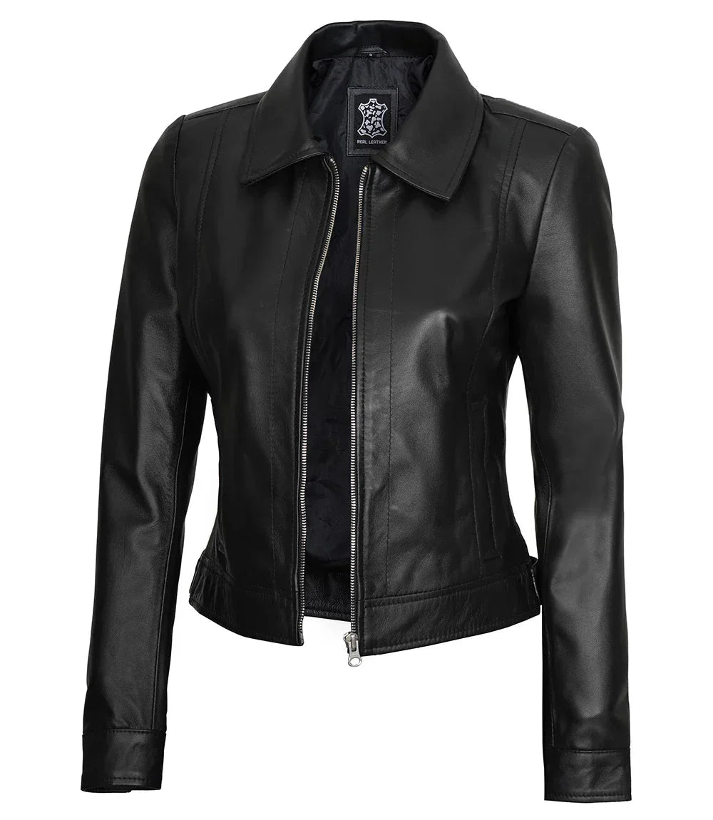 Women's Harrington Style Black Real Leather Jacket - Rare Leather