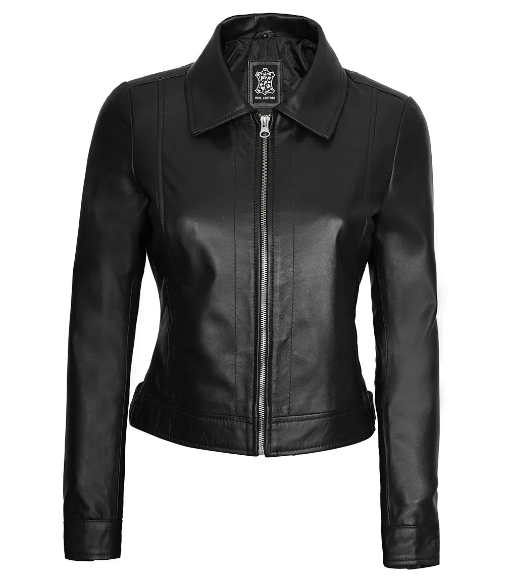Women's Harrington Style Black Real Leather Jacket - Rare Leather