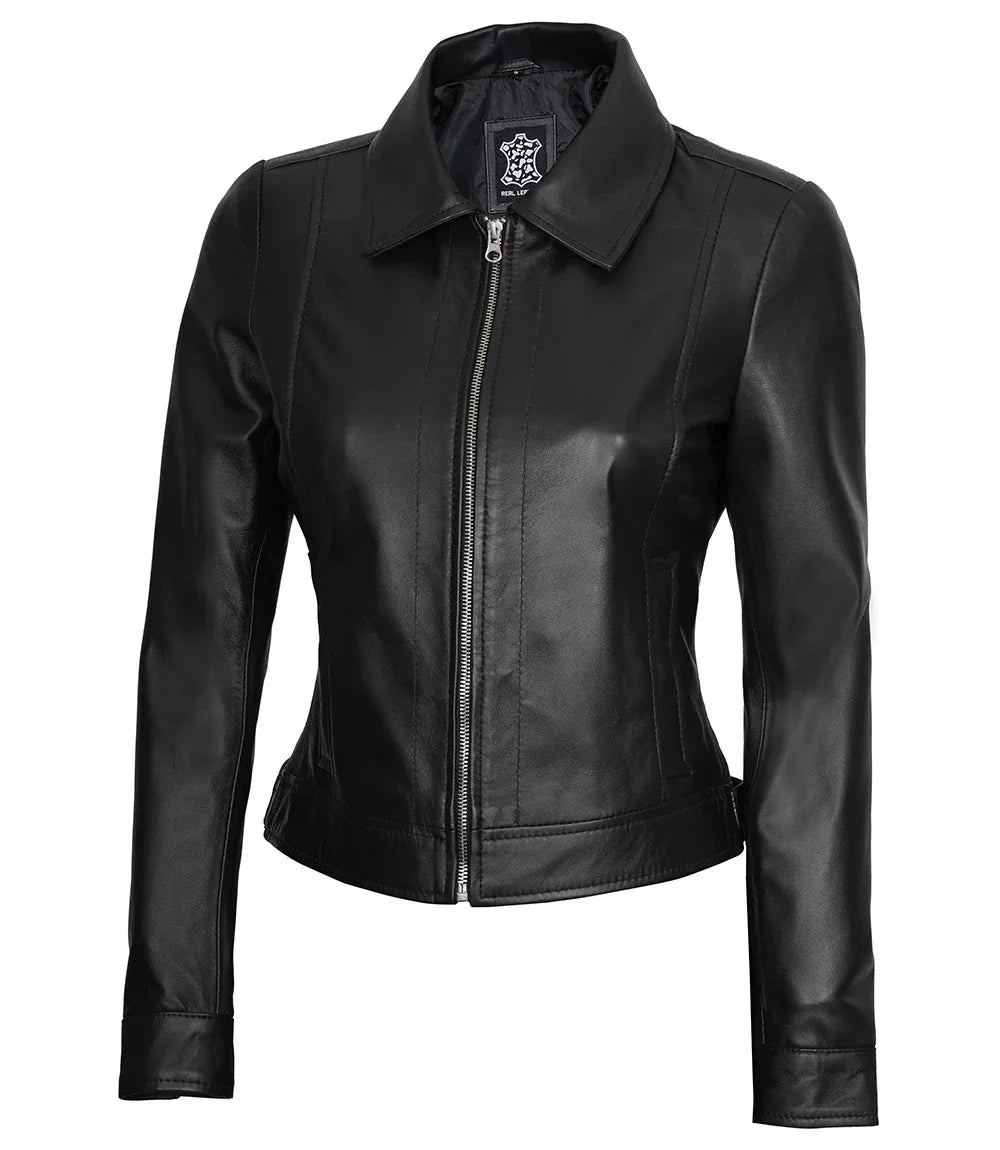 Women's Harrington Style Black Real Leather Jacket - Rare Leather