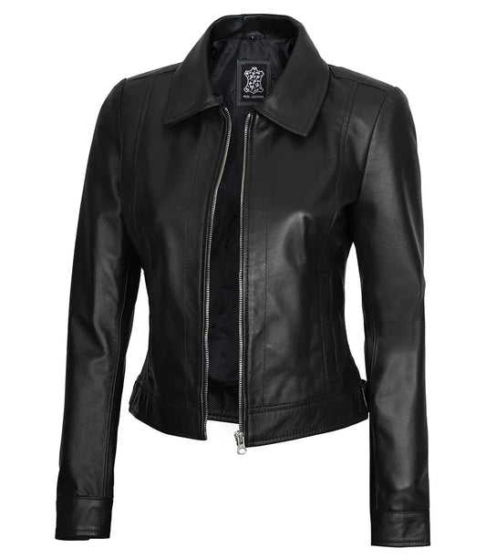Women's Harrington Style Black Real Leather Jacket - Vox Leather