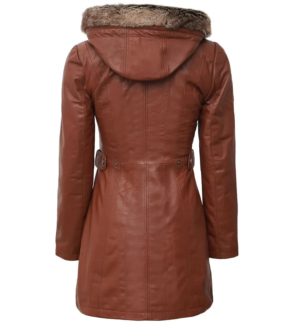 Women's Hooded Brown Leather Long Shearling Coats - Rare Leather