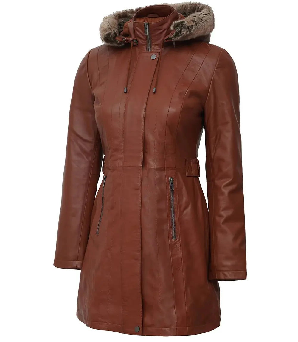 Women's Hooded Brown Leather Long Shearling Coats - Rare Leather