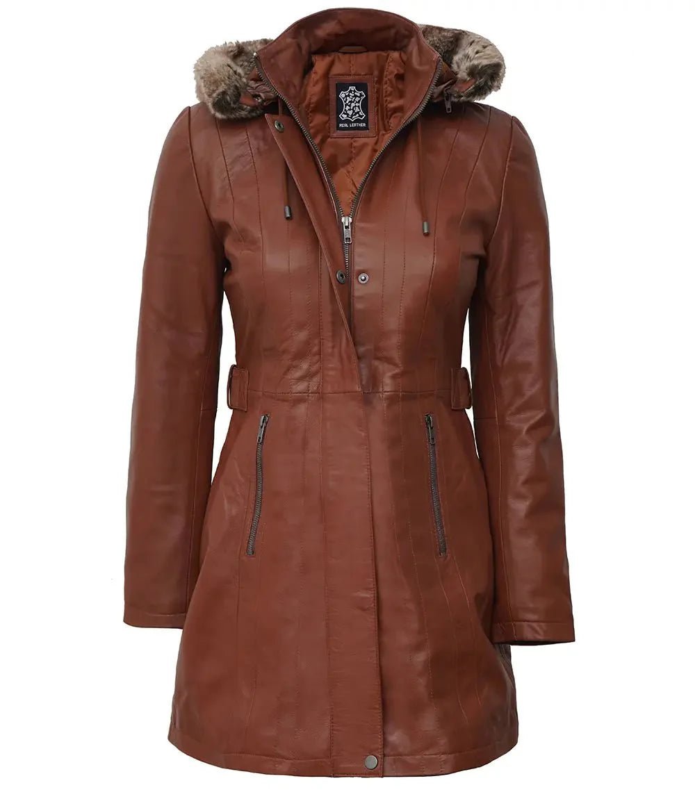 Women's Hooded Brown Leather Long Shearling Coats - Vox Leather