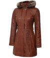Women's Hooded Brown Leather Long Shearling Coats - Vox Leather