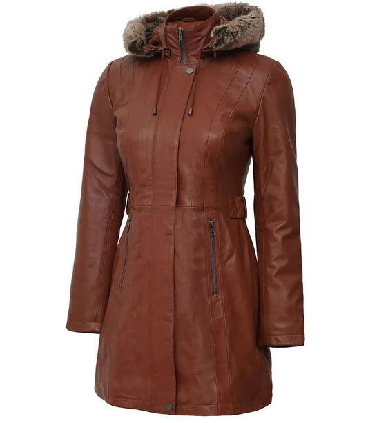 Women's Hooded Brown Leather Long Shearling Coats - Vox Leather