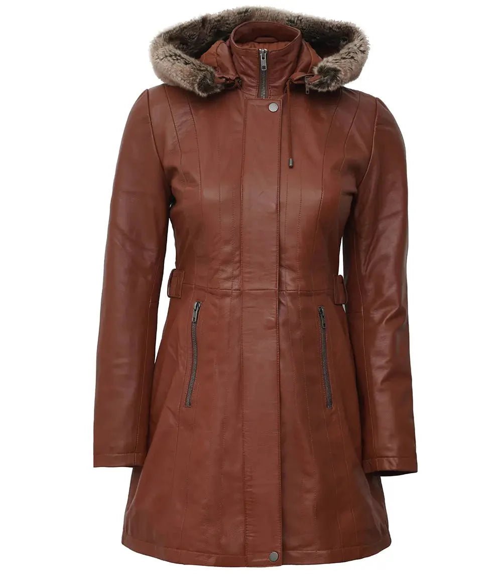 Women's Hooded Brown Leather Long Shearling Coats - Vox Leather