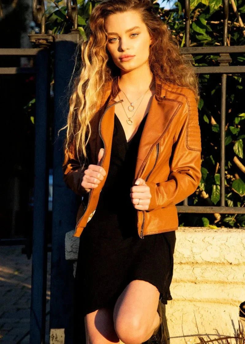 Womens Light Brown Leather Motorcycle Jacket - Vox Leather