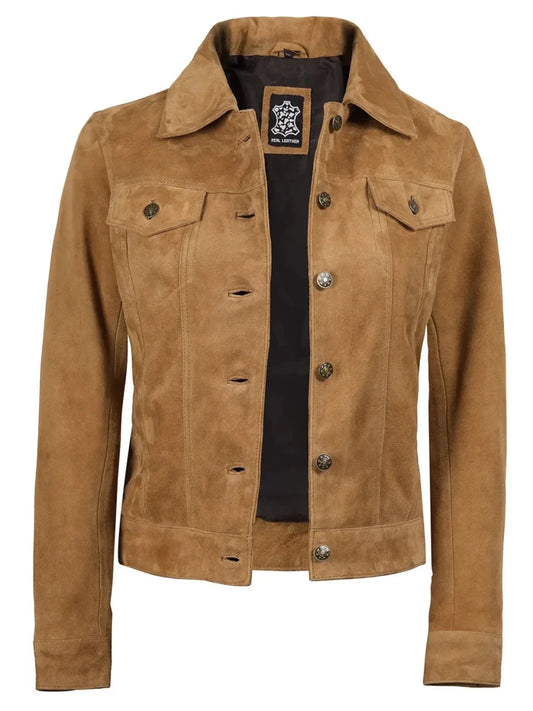 Women's Light Brown Suede Trucker Jacket - Vox Leather