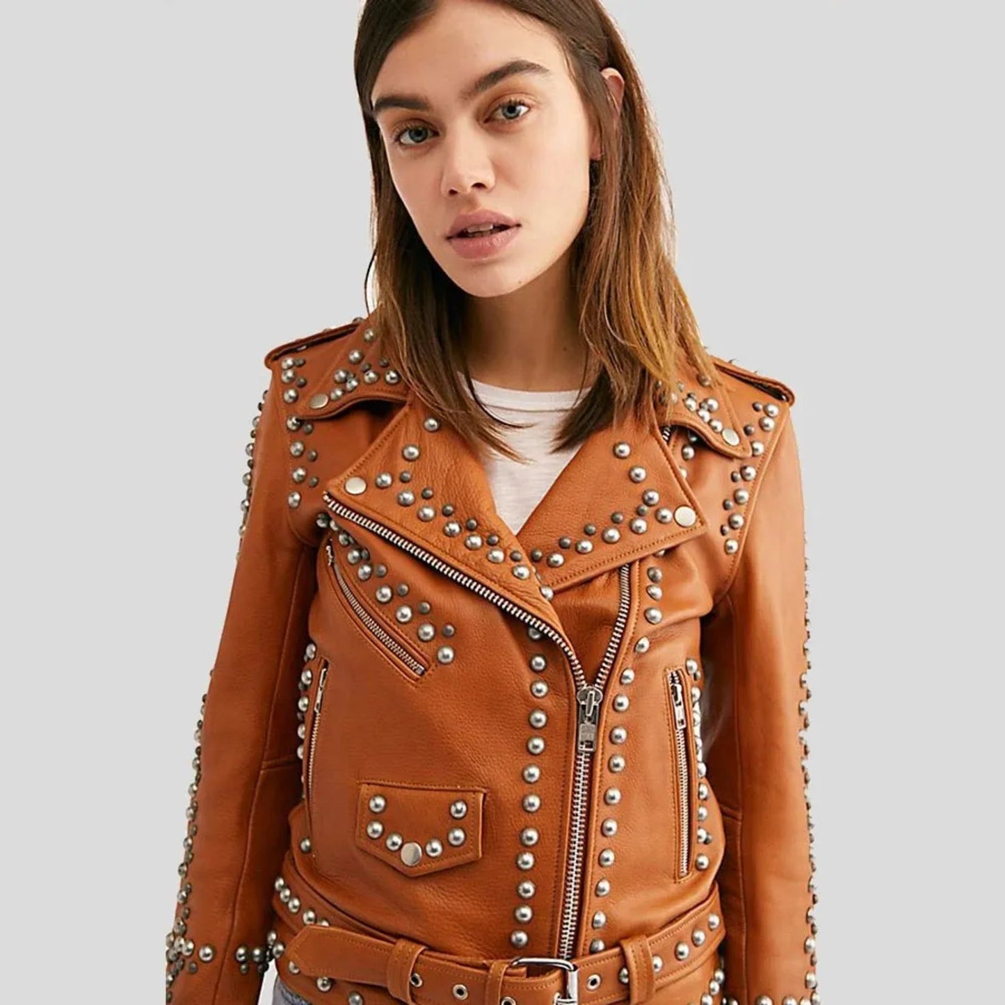 Womens Moto Biker Brown Studded Leather Jacket - Rare Leather