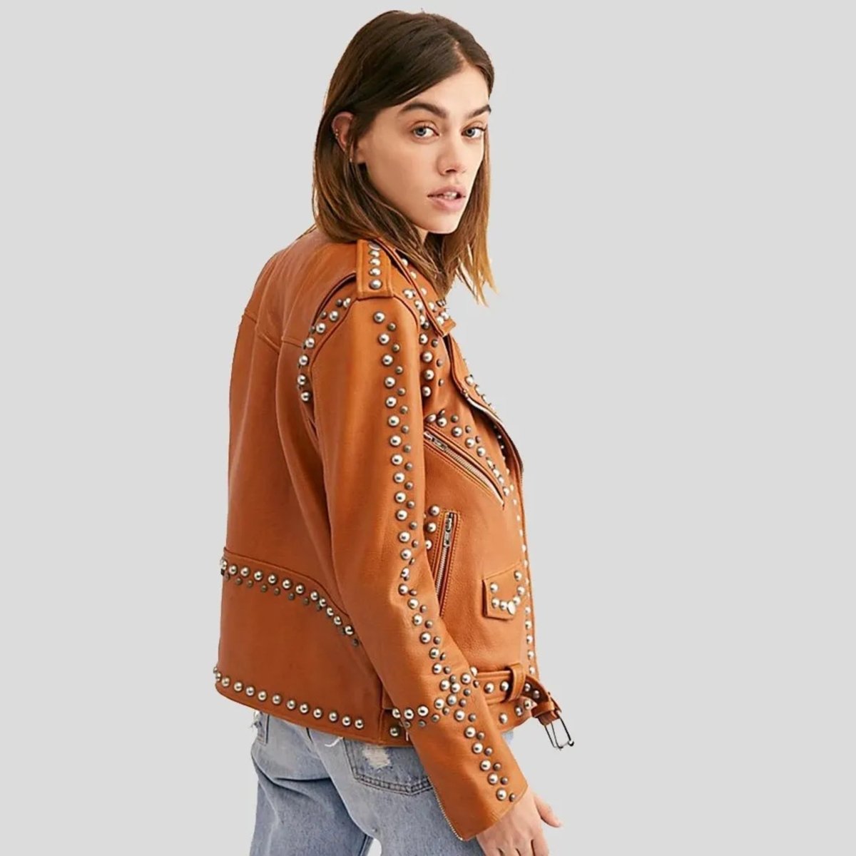 Womens Moto Biker Brown Studded Leather Jacket - Vox Leather