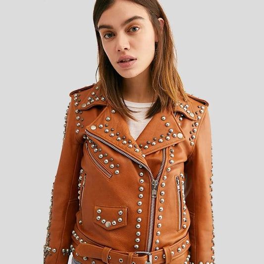 Womens Moto Biker Brown Studded Leather Jacket - Vox Leather