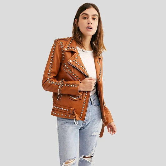 Womens Moto Biker Brown Studded Leather Jacket - Vox Leather