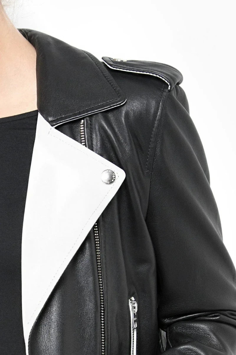Women's Motorcycle Black and White Jacket - Vox Leather