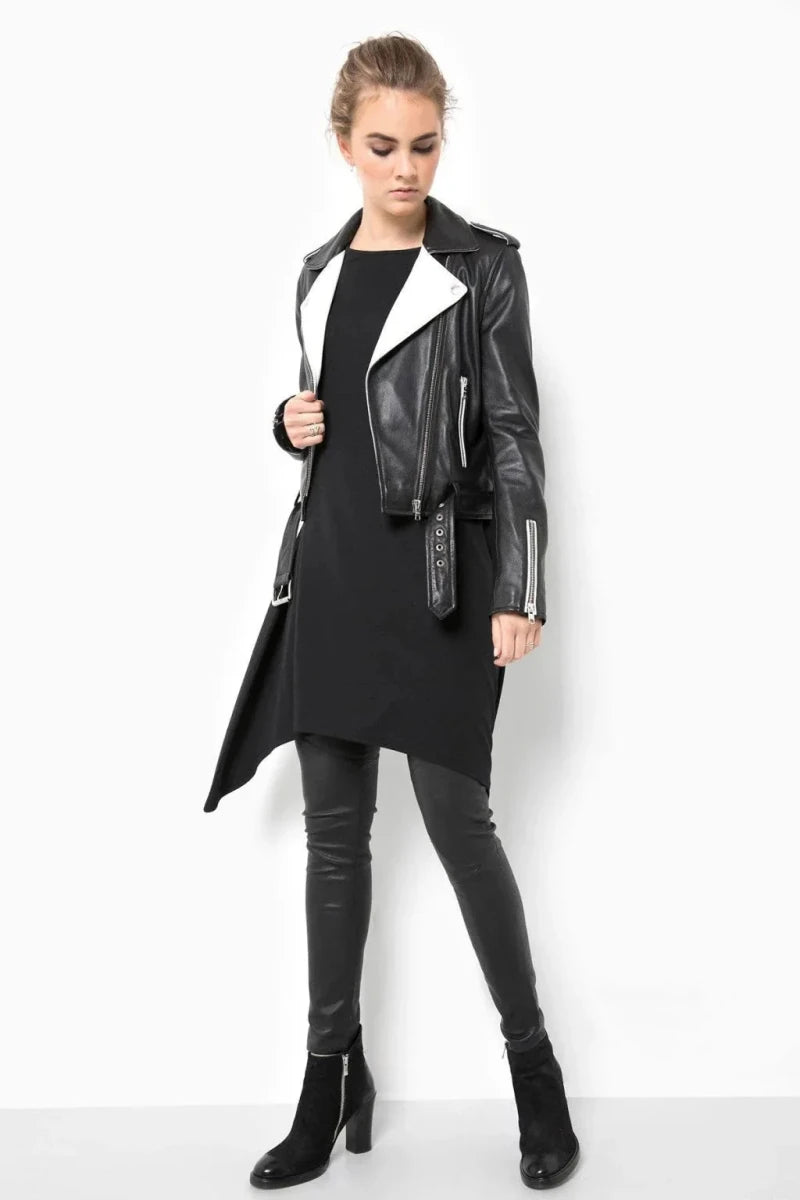 Women's Motorcycle Black and White Jacket - Vox Leather