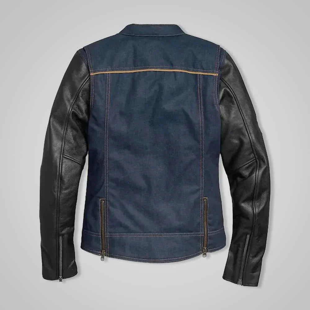Women’s Navy Denim Jacket with Leather Sleeves & No. 1 Embroidery Patch - Rare Leather
