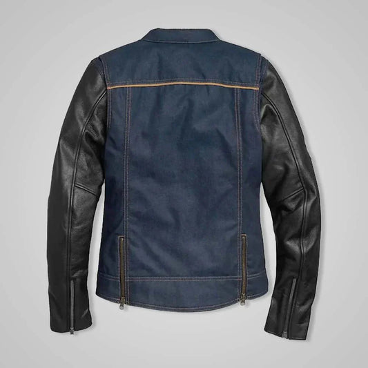 Women’s Navy Denim Jacket with Leather Sleeves & No. 1 Embroidery Patch - Rare Leather