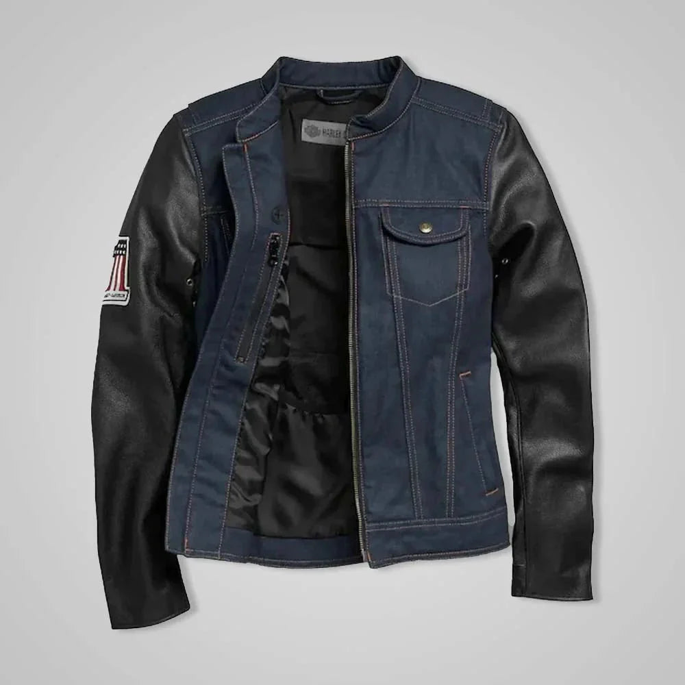 Women’s Navy Denim Jacket with Leather Sleeves & No. 1 Embroidery Patch - Rare Leather