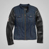 Women’s Navy Denim Jacket with Leather Sleeves & No. 1 Embroidery Patch - Rare Leather