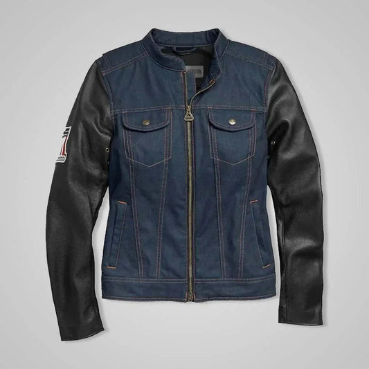 Women’s Navy Denim Jacket with Leather Sleeves & No. 1 Embroidery Patch - Vox Leather