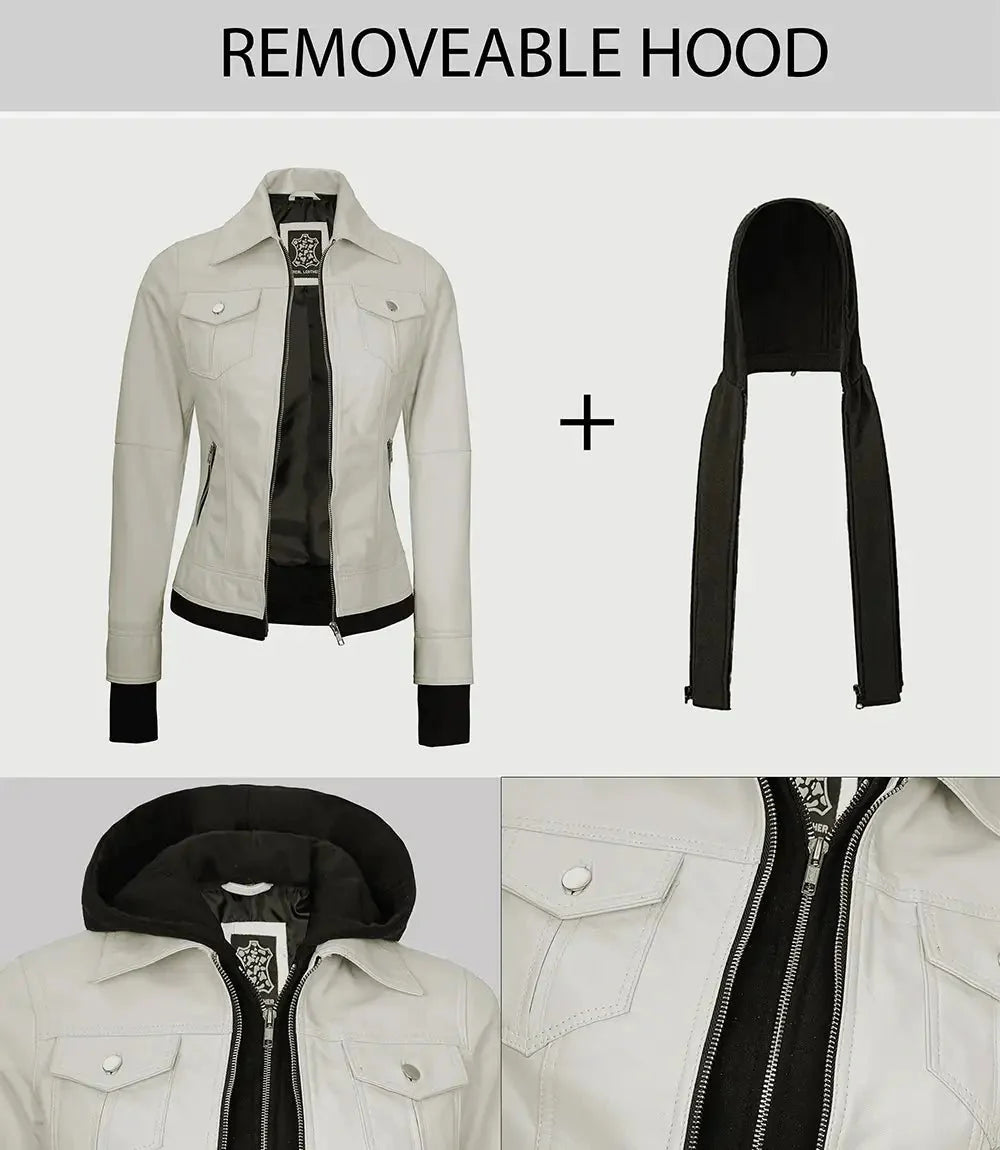 Womens Off White Motorcycle Leather Jacket with Hood - Rare Leather