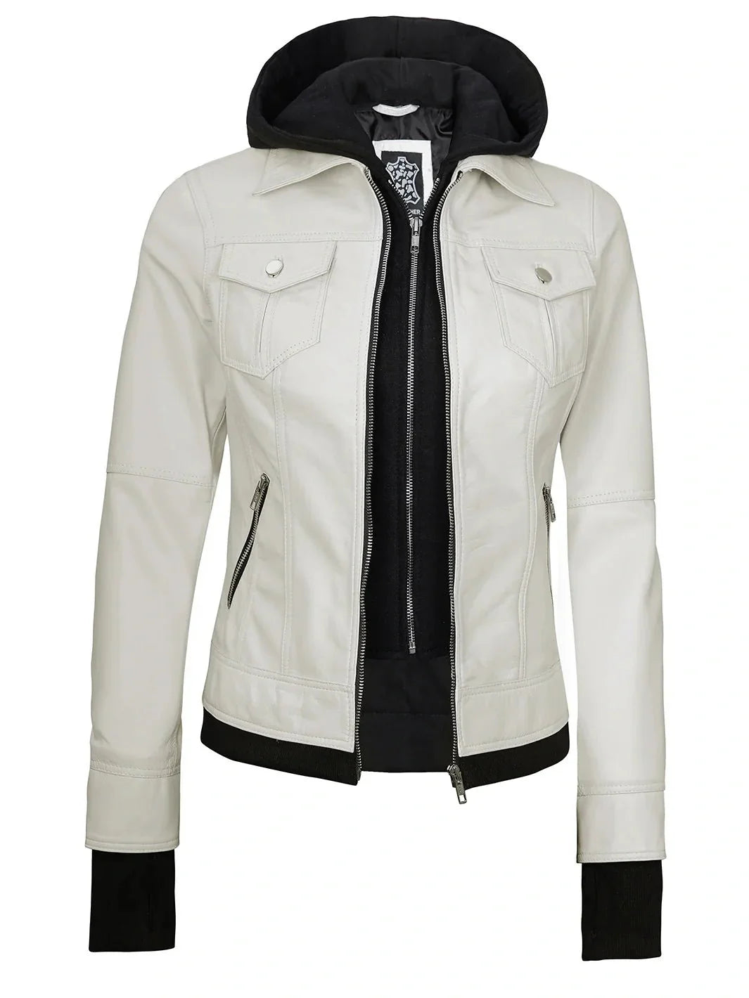Womens Off White Motorcycle Leather Jacket with Hood - Rare Leather