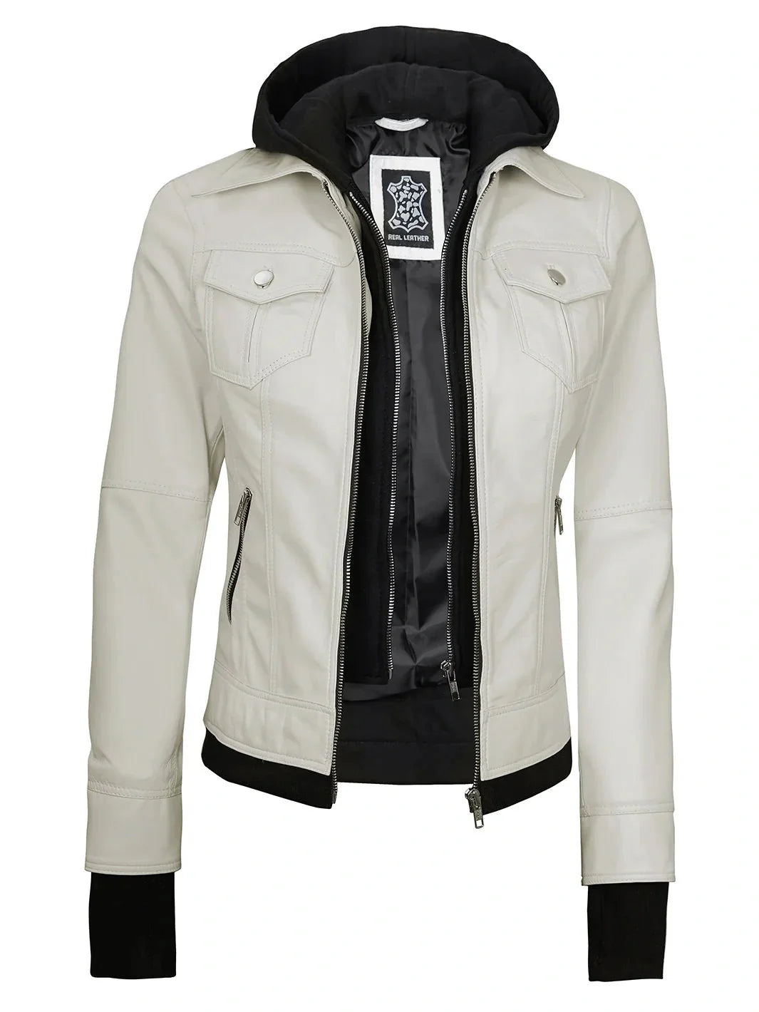 Womens Off White Motorcycle Leather Jacket with Hood - Rare Leather