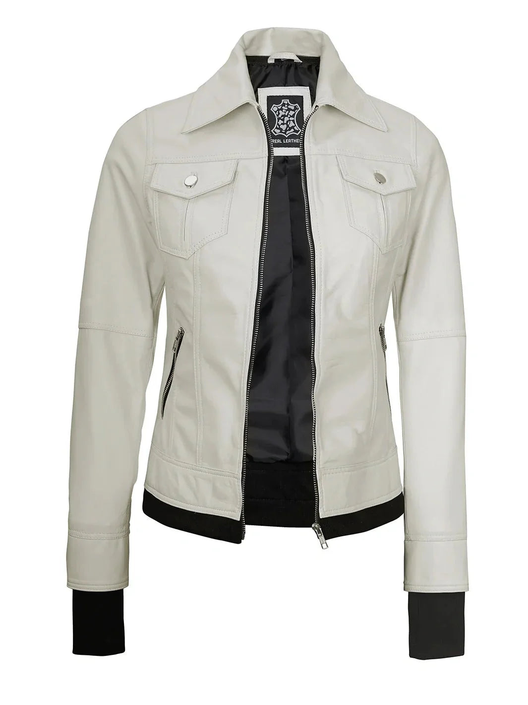 Womens Off White Motorcycle Leather Jacket with Hood - Rare Leather