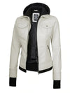 Womens Off White Motorcycle Leather Jacket with Hood - Rare Leather