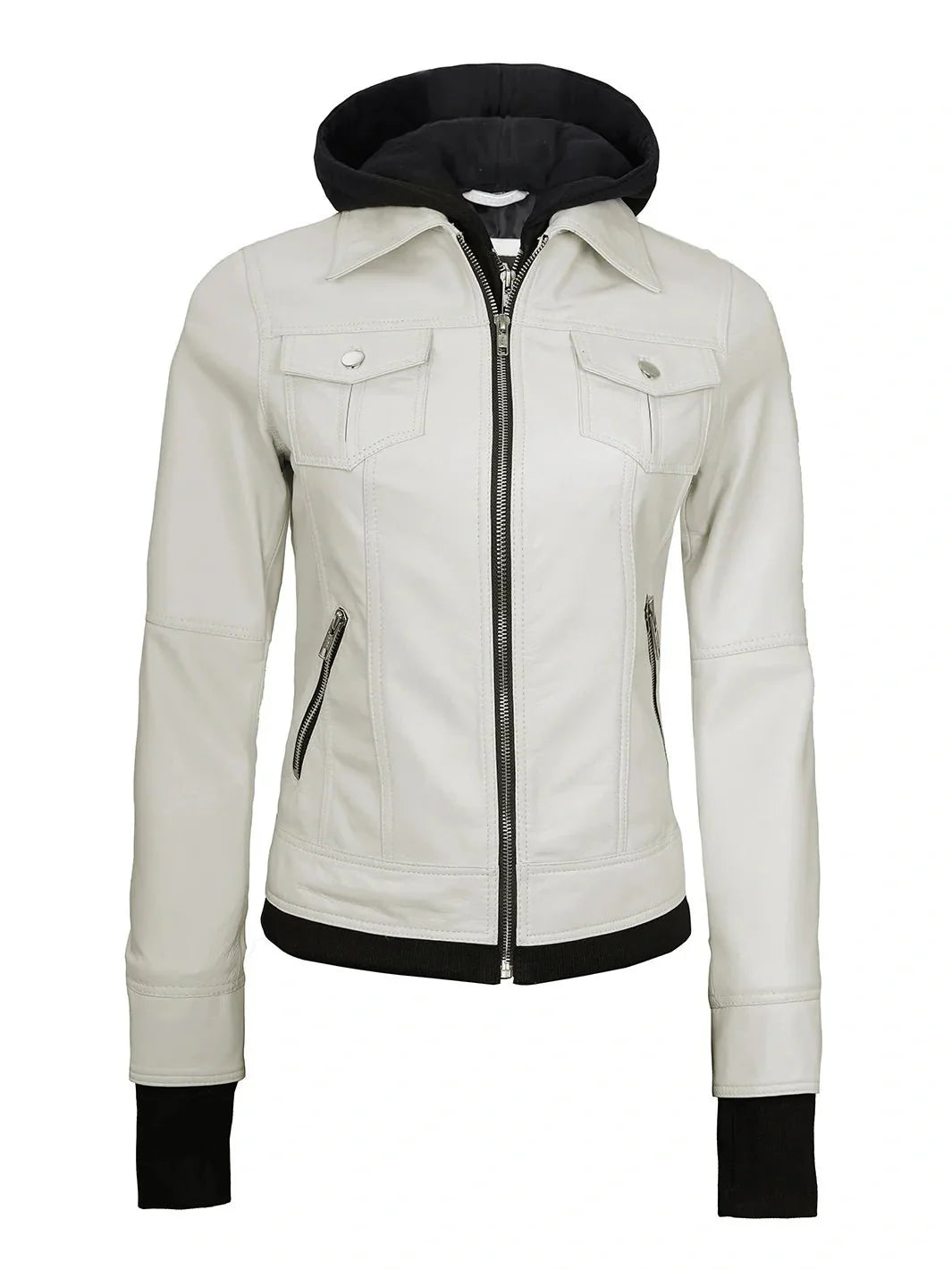 Womens Off White Motorcycle Leather Jacket with Hood - Rare Leather
