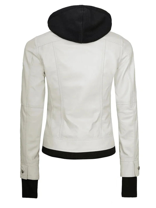 Womens Off White Motorcycle Leather Jacket with Hood - Vox Leather