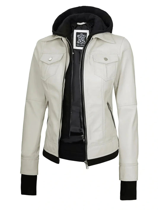 Womens Off White Motorcycle Leather Jacket with Hood - Vox Leather