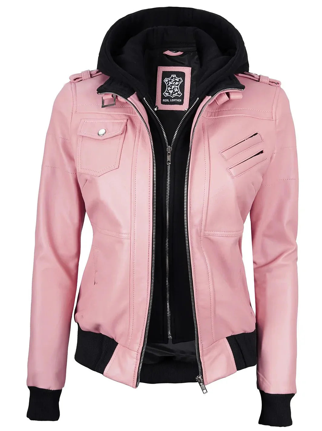 Women's Pink Leather Jacket with Removable Hood - Rare Leather