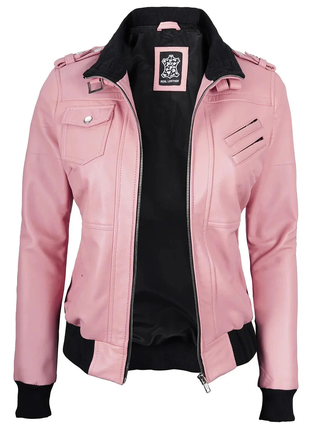 Women's Pink Leather Jacket with Removable Hood - Rare Leather