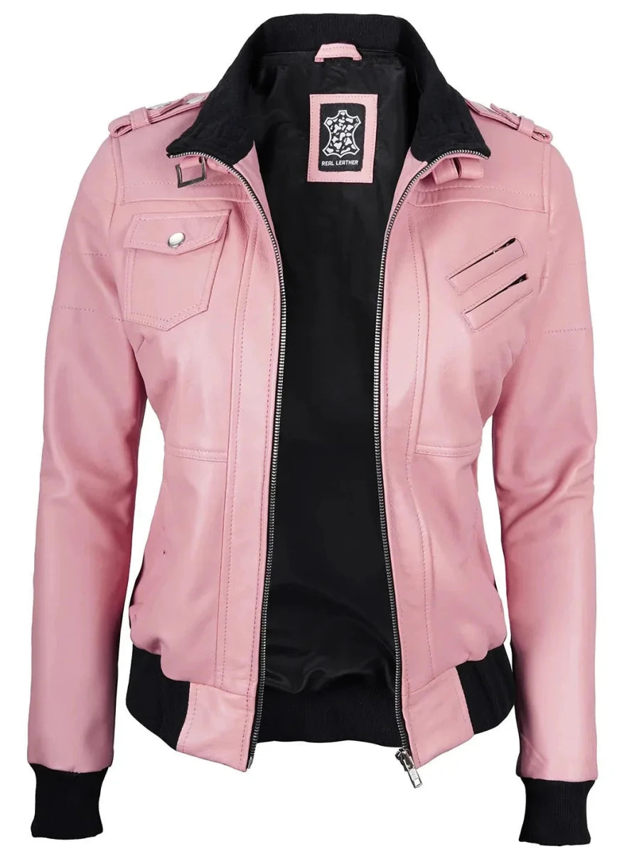 Women's Pink Leather Jacket with Removable Hood - Vox Leather