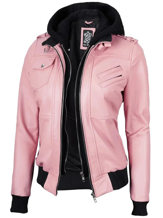 Women's Pink Leather Jacket with Removable Hood - Vox Leather