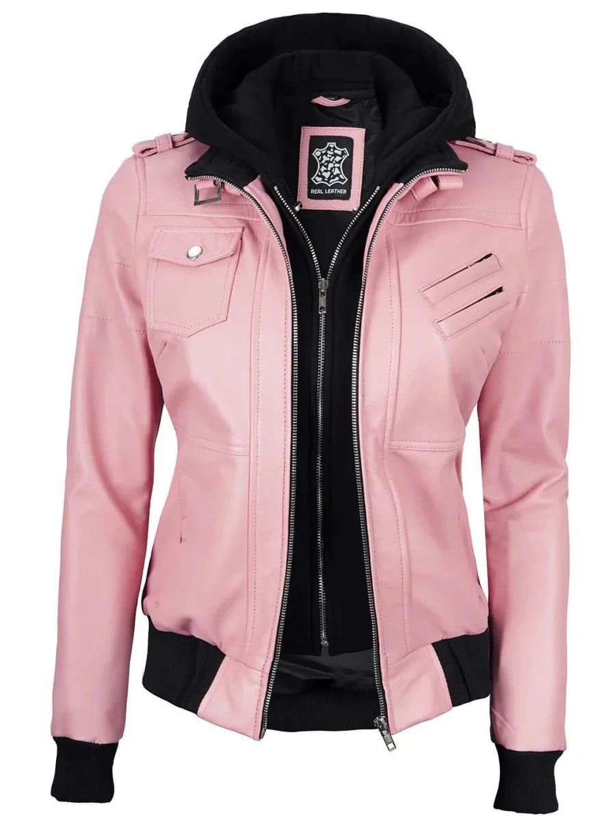 Women's Pink Leather Jacket with Removable Hood - Vox Leather