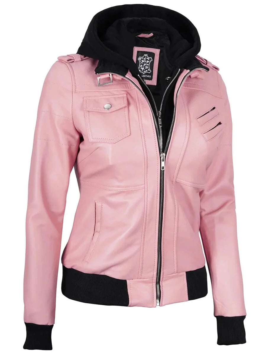 Women's Pink Leather Jacket with Removable Hood - Vox Leather