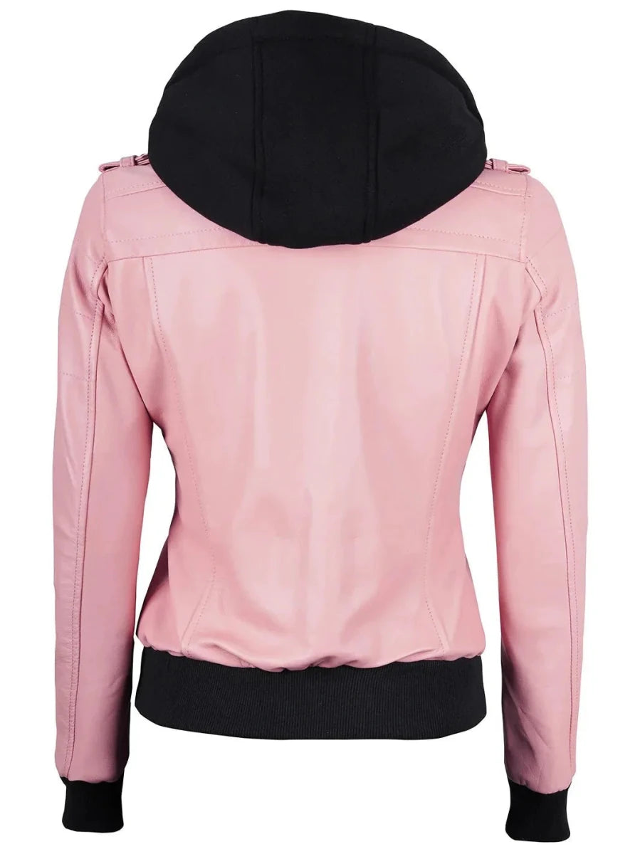 Women's Pink Leather Jacket with Removable Hood - Vox Leather