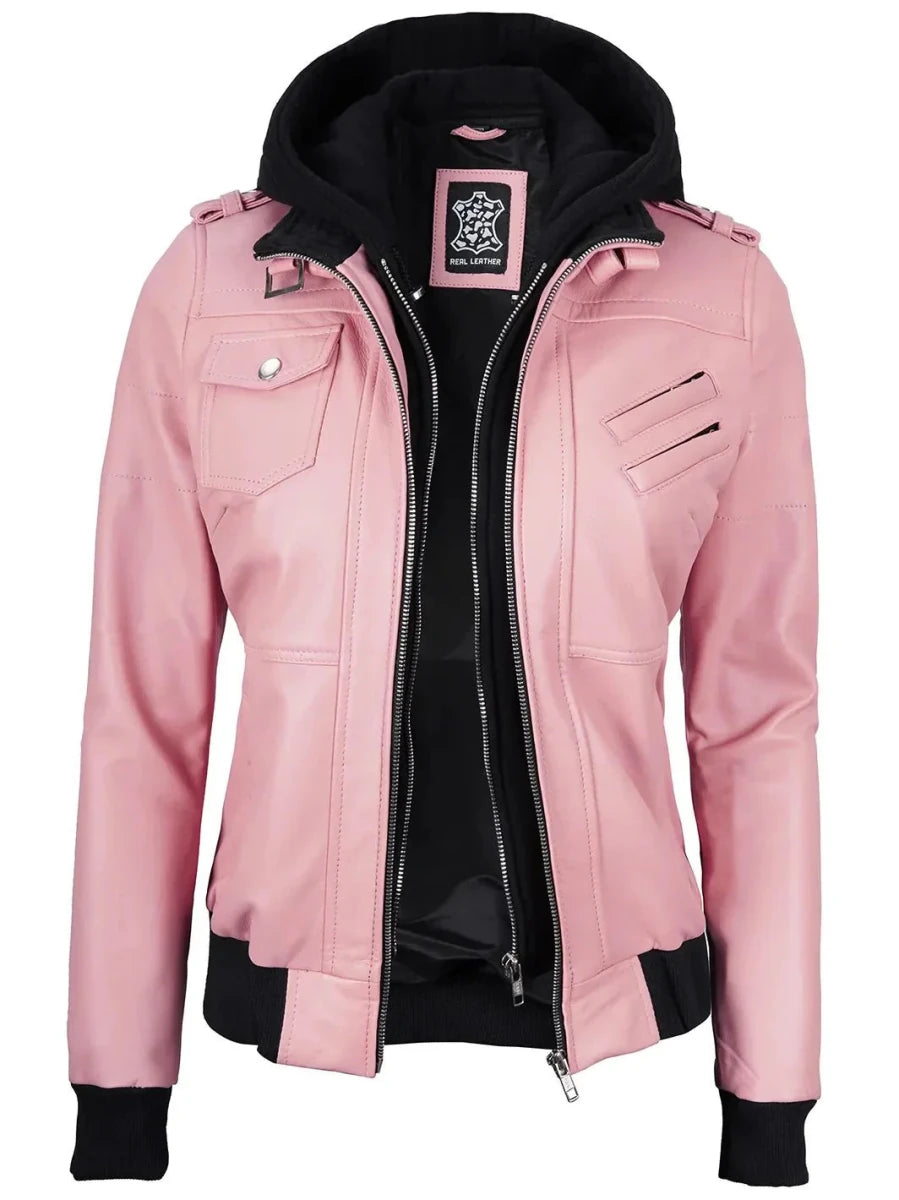 Women's Pink Leather Jacket with Removable Hood - Vox Leather