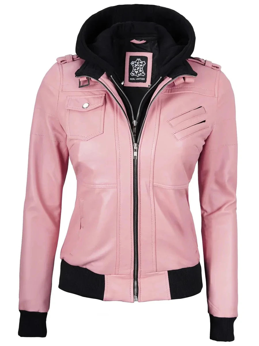 Women's Pink Leather Jacket with Removable Hood - Vox Leather