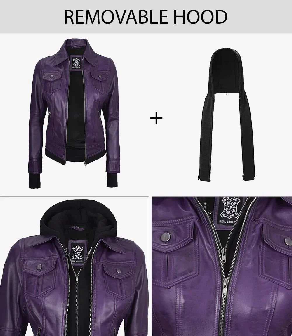 Women's Purple Leather Jacket with Removable Hood - Rare Leather