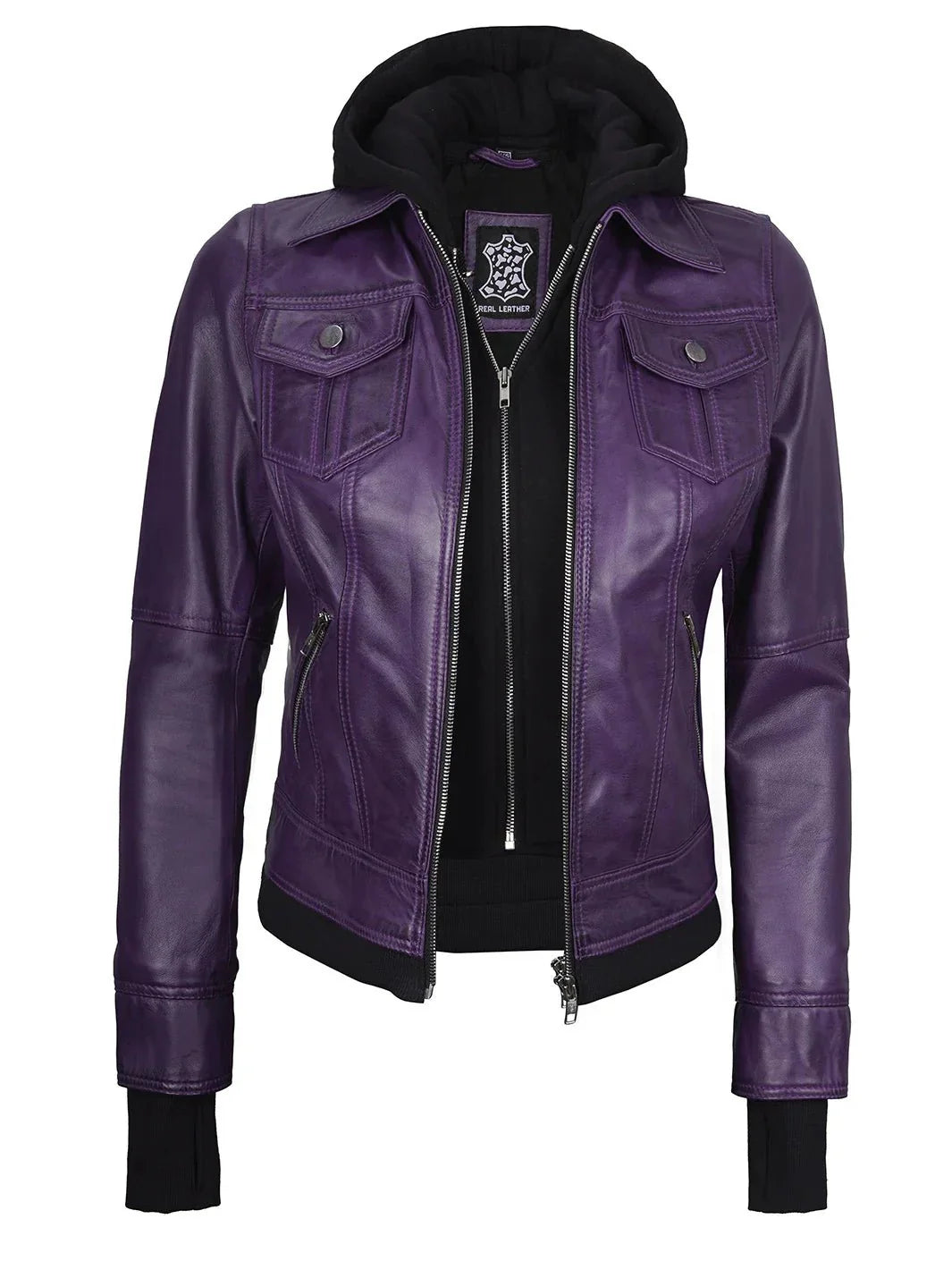 Women's Purple Leather Jacket with Removable Hood - Rare Leather