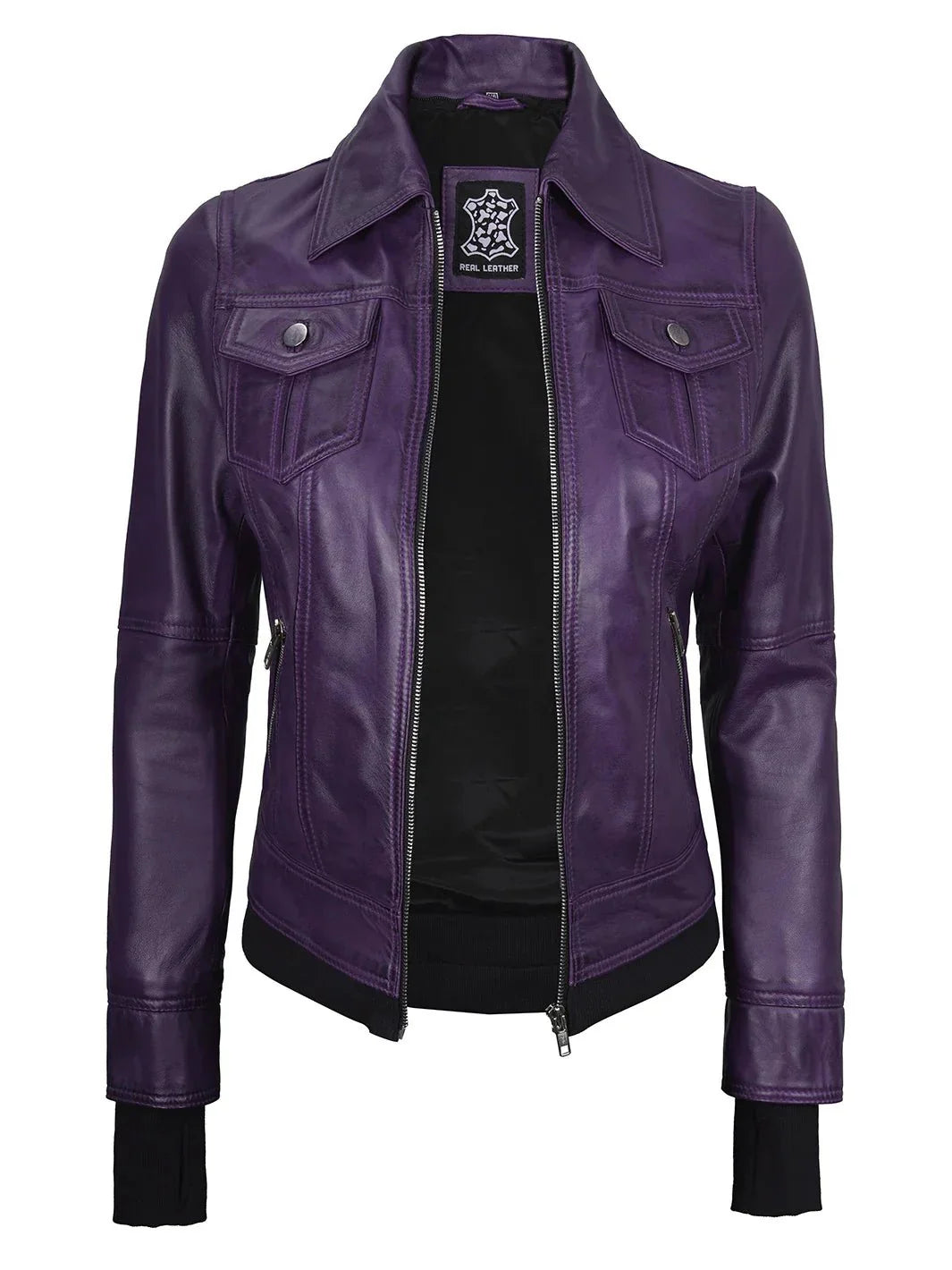 Women's Purple Leather Jacket with Removable Hood - Rare Leather