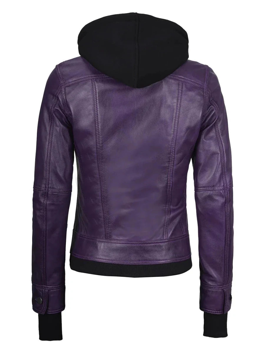 Women's Purple Leather Jacket with Removable Hood - Vox Leather