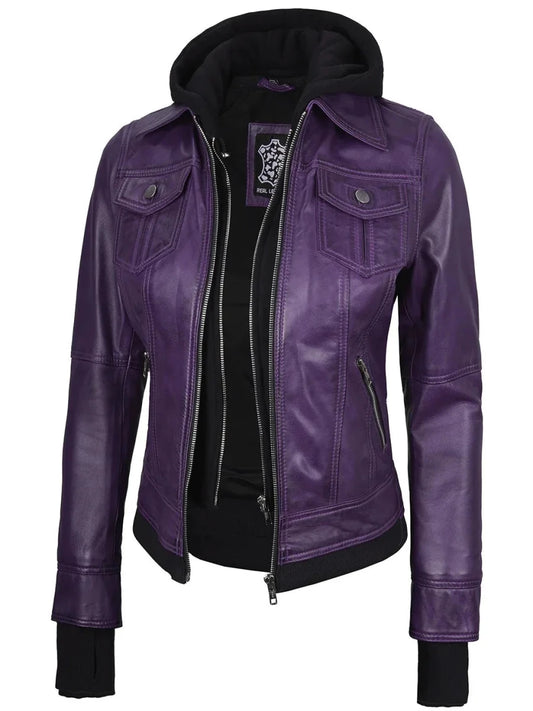 Women's Purple Leather Jacket with Removable Hood - Vox Leather