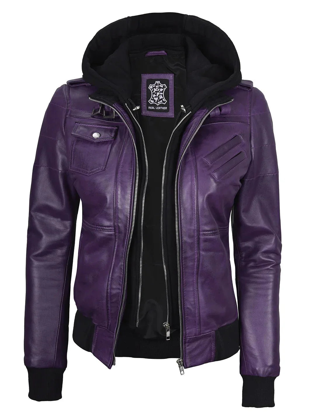 Women's Purple Real Leather Jacket with Removable Hood - Rare Leather