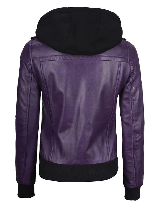 Women's Purple Real Leather Jacket with Removable Hood - Rare Leather