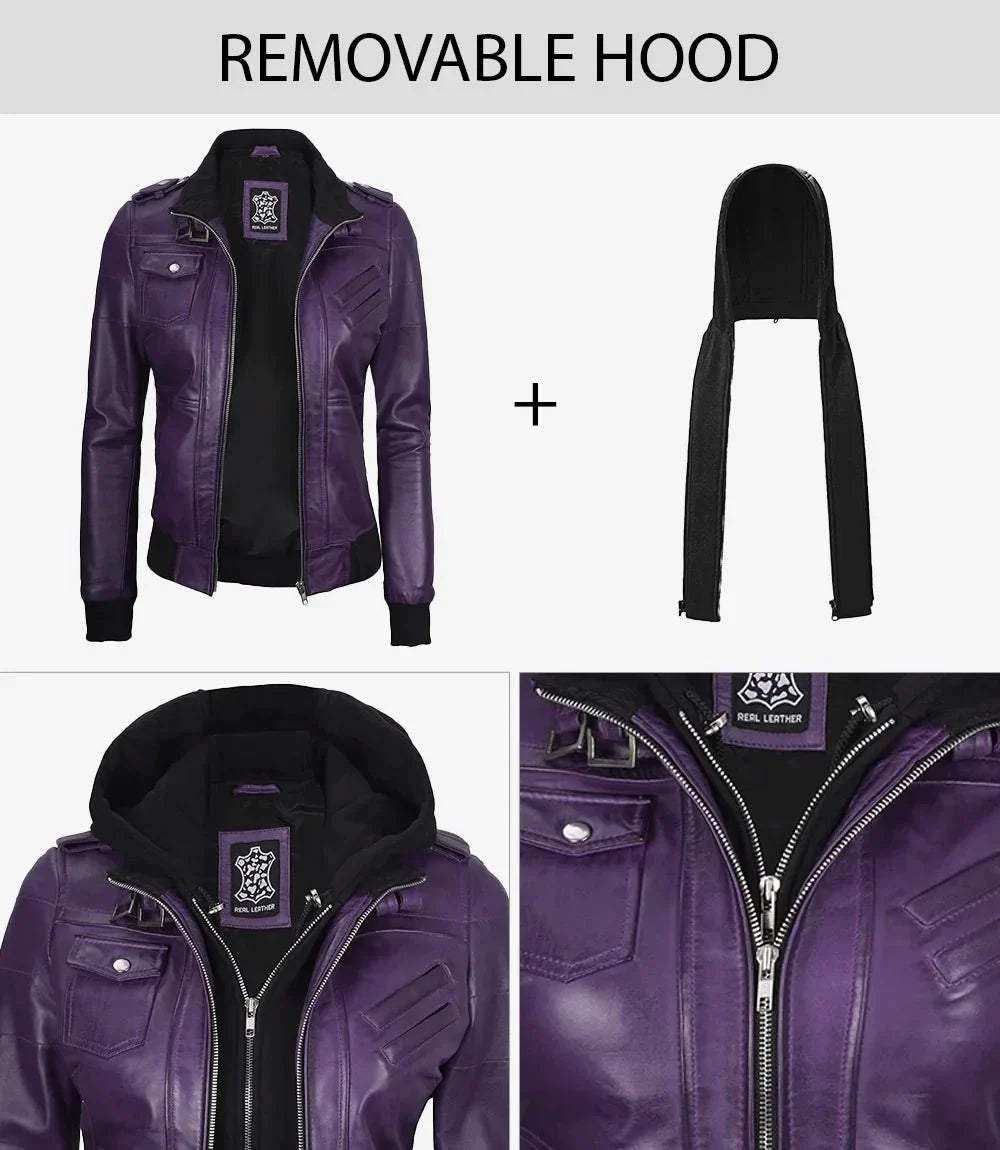 Women's Purple Real Leather Jacket with Removable Hood - Rare Leather
