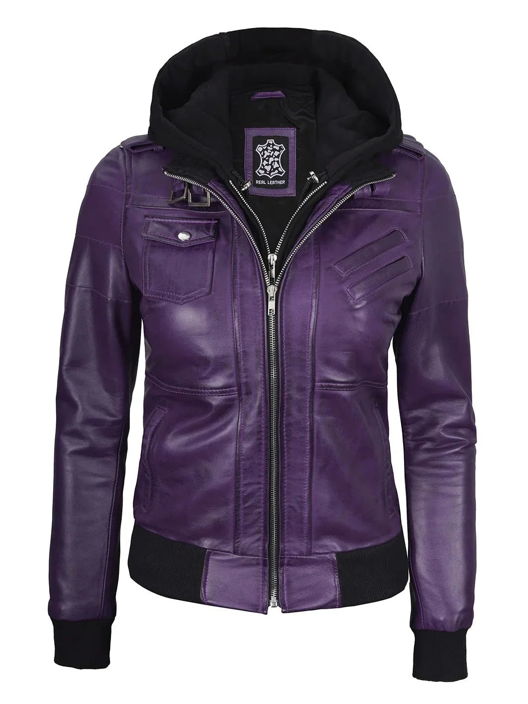 Women's Purple Real Leather Jacket with Removable Hood - Rare Leather
