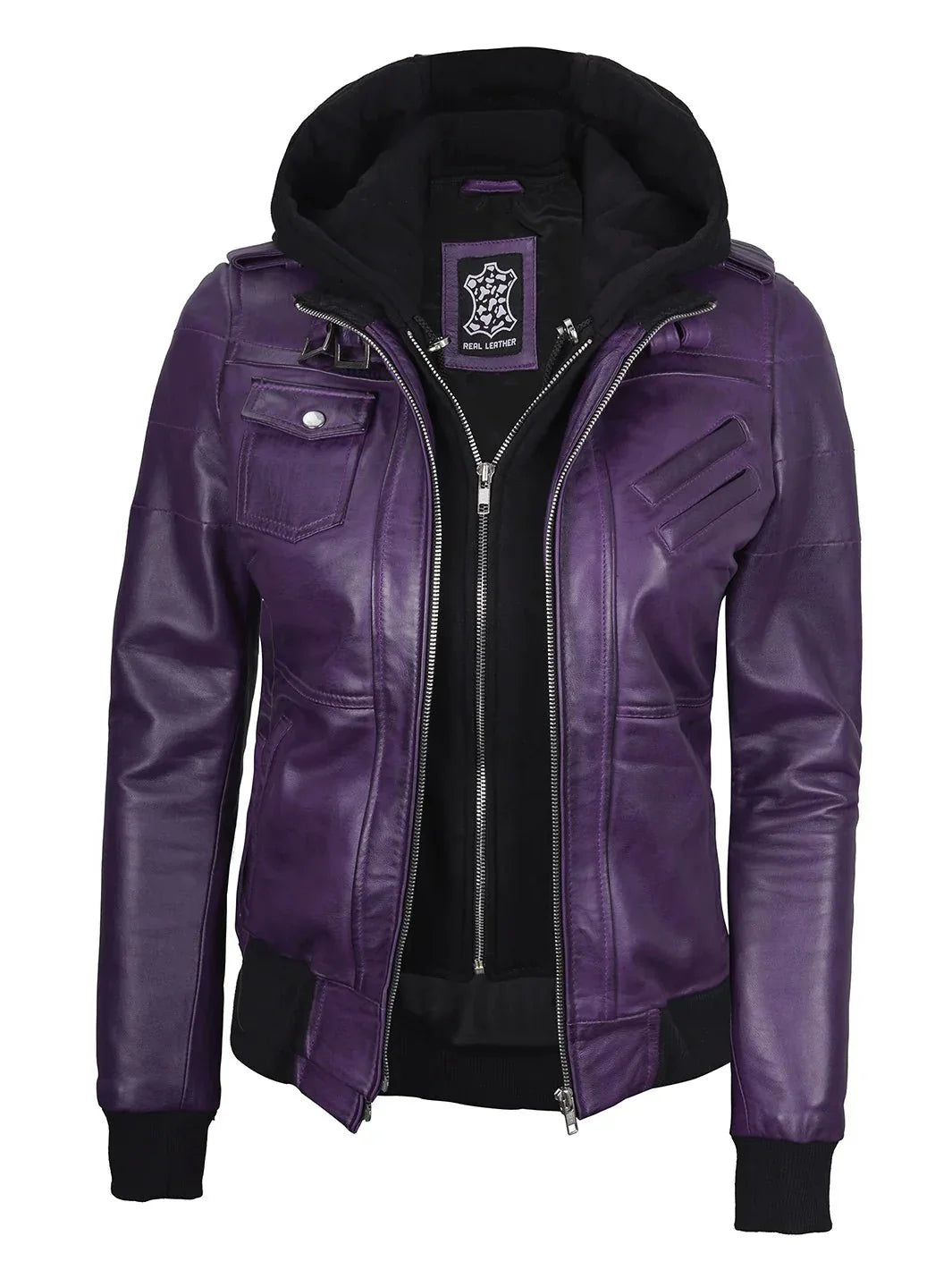 Women's Purple Real Leather Jacket with Removable Hood - Rare Leather